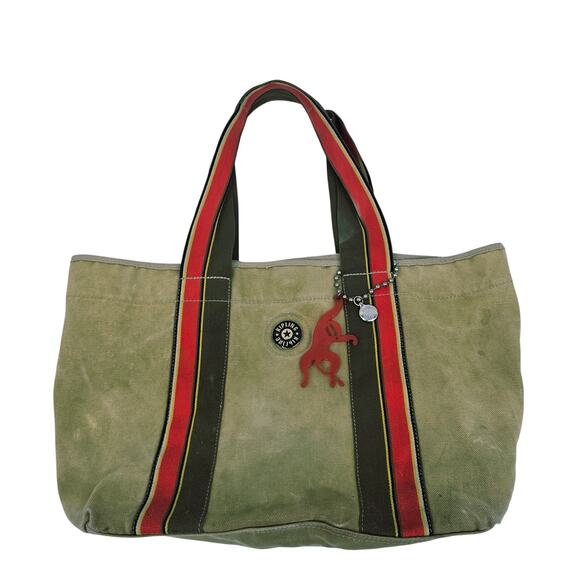Y2K Kipling Conor Military Green Canvas Large Tote Bag Double Handle & bag charm - Picture 1 of 12